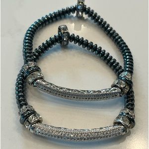 Set of 2 Stretch Hematite Bracelets with Pave Bar Station
